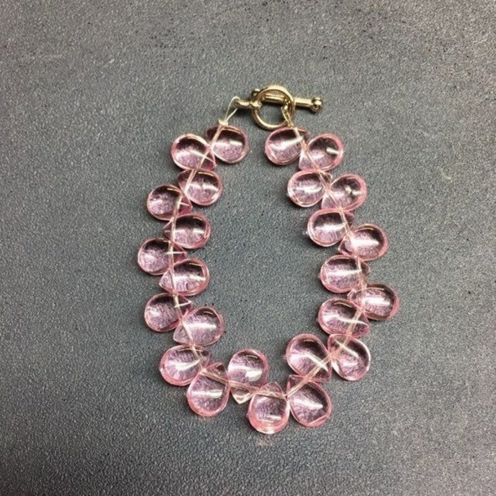 Pink Teardrop Beaded Bracelet Silver Toggle Dainty Small Child Retro Barbie Glam